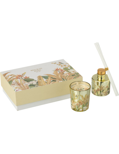 Coffret cadeau Bougie parfumé & Diffuseur à bâtonnets Mélange agrume Bergamot Fig 15 H 50 ml Verre Jaune Motif fleurs Cire Walk 