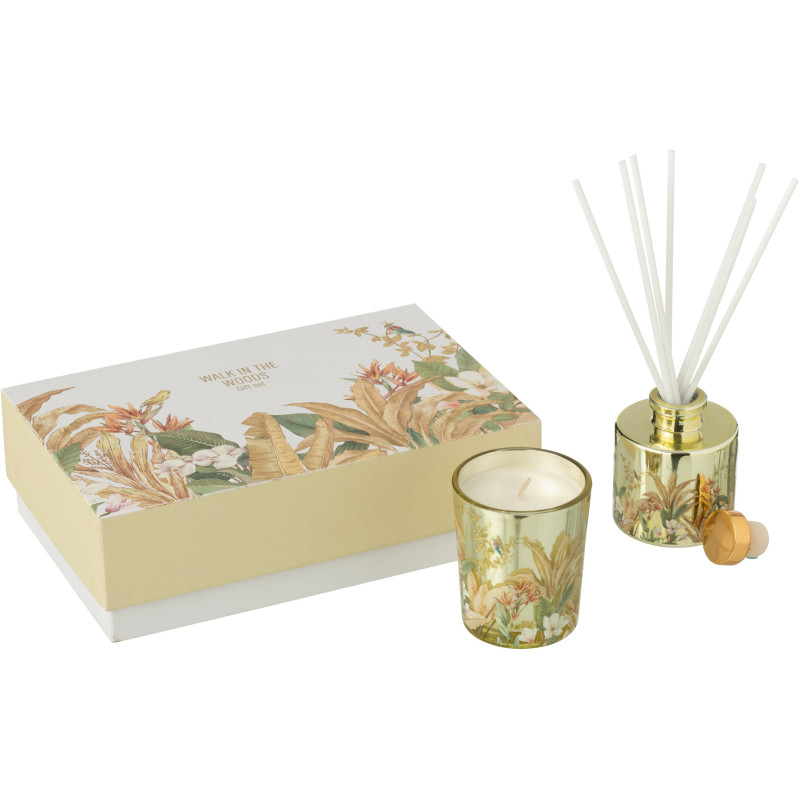 Coffret cadeau Bougie parfumé & Diffuseur à bâtonnets Mélange agrume Bergamot Fig 15 H 50 ml Verre Jaune Motif fleurs Cire Walk 
