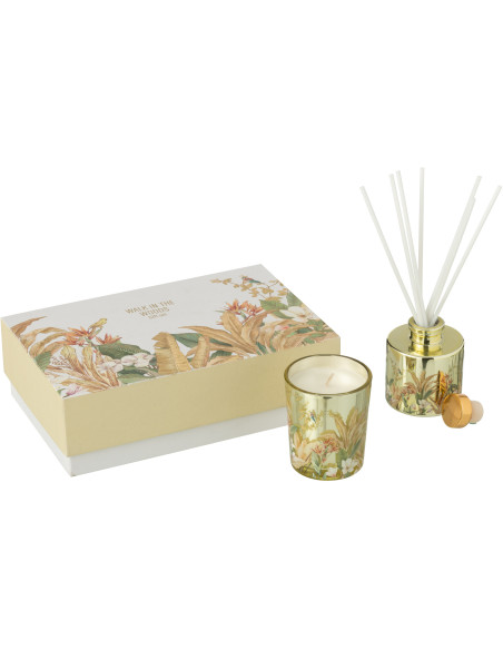Coffret cadeau Bougie parfumé & Diffuseur à bâtonnets Mélange agrume Bergamot Fig 15 H 50 ml Verre Jaune Motif fleurs Cire Walk 