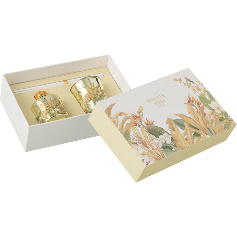 Coffret cadeau Bougie parfumé & Diffuseur à bâtonnets Mélange agrume Bergamot Fig 15 H 50 ml Verre Jaune Motif fleurs Cire Walk 