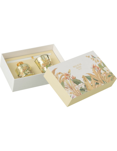 Coffret cadeau Bougie parfumé & Diffuseur à bâtonnets Mélange agrume Bergamot Fig 15 H 50 ml Verre Jaune Motif fleurs Cire Walk 