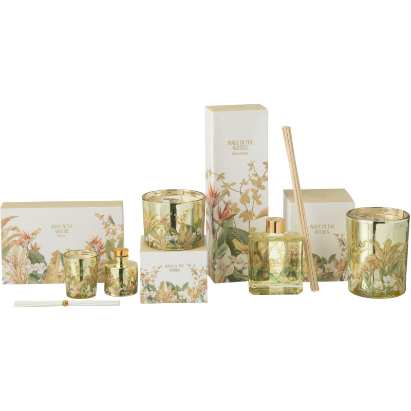 Coffret cadeau Bougie parfumé & Diffuseur à bâtonnets Mélange agrume Bergamot Fig 15 H 50 ml Verre Jaune Motif fleurs Cire Walk 