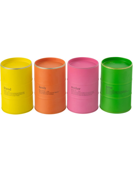 Lot de 4 Grandes Bougies Famille longue durée Mélange floral Mimosa & Rose 50 H Métal Jaune Orange Rose Vert Familiana 