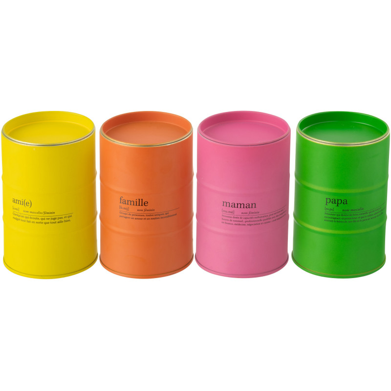 Lot de 4 Grandes Bougies Famille longue durée Mélange floral Mimosa & Rose 50 H Métal Jaune Orange Rose Vert Familiana 