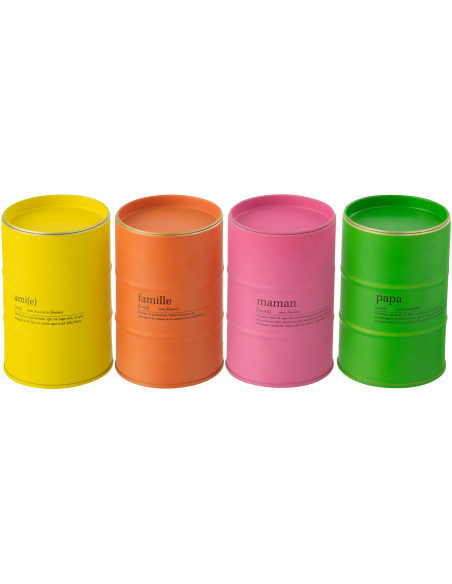 Lot de 4 Grandes Bougies Famille longue durée Mélange floral Mimosa & Rose 50 H Métal Jaune Orange Rose Vert Familiana 