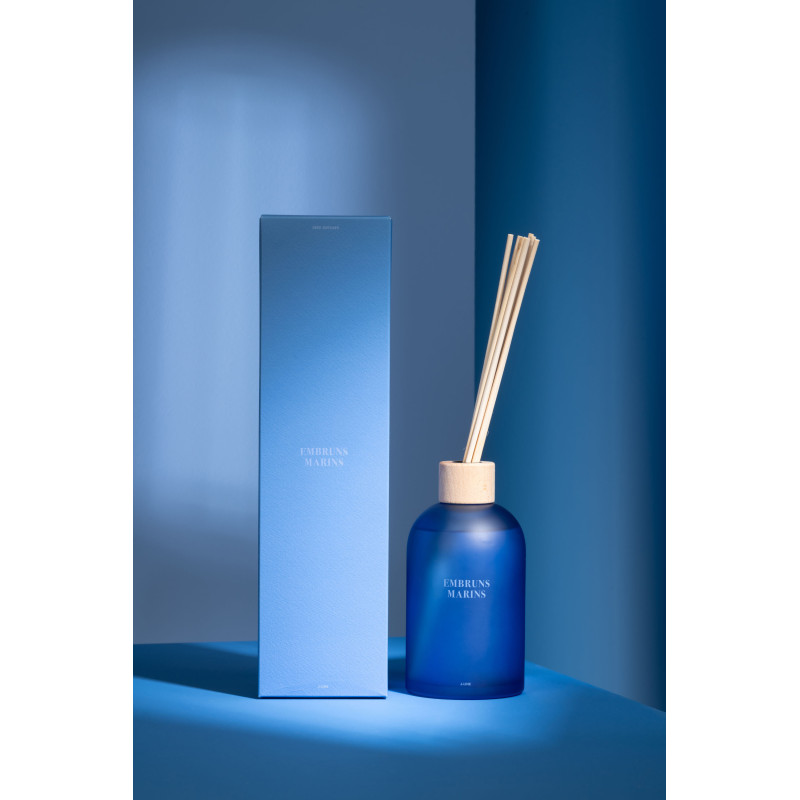 Grand Diffuseur de parfum à bâtonnets Mélange frais Embruns Marins 550 ml Verre Bleu Accords Essentiels 