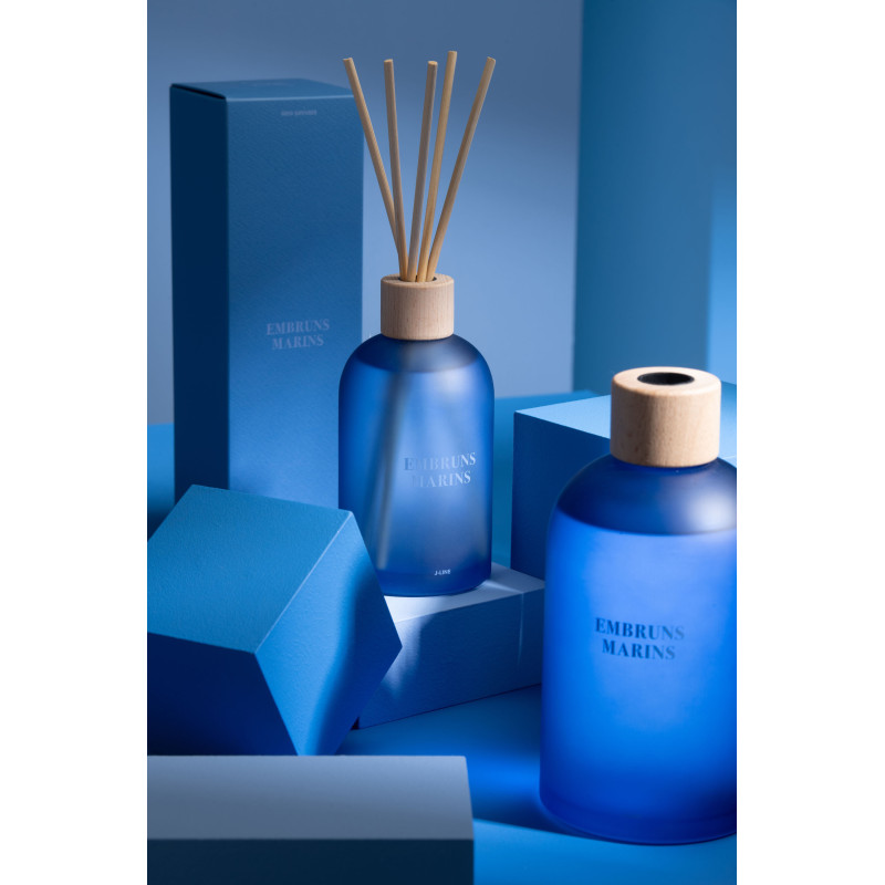 Diffuseur de parfum à bâtonnets Mélange frais Embruns Marins 250 ml Verre Bleu Accords Essentiels 
