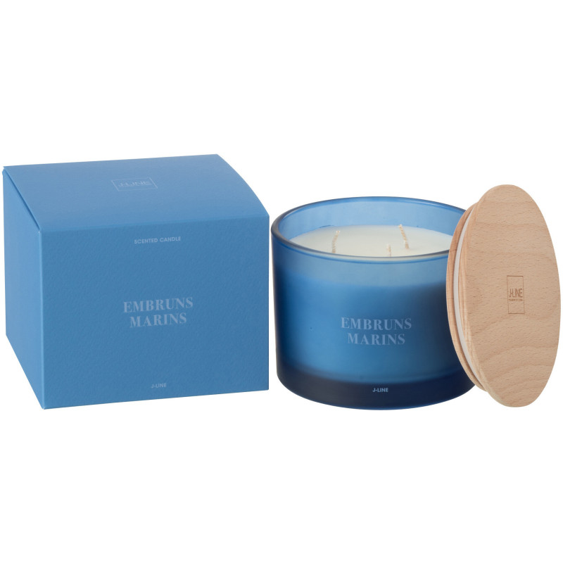 Bougie Parfumée 3 mèches Mélange frais Embruns Marins 25 H Verre Bleu Cire Accords Essentiels 