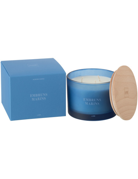 Bougie Parfumée 3 mèches Mélange frais Embruns Marins 25 H Verre Bleu Cire Accords Essentiels 