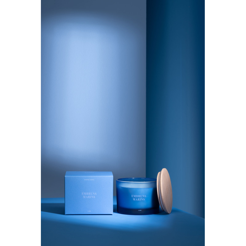 Bougie Parfumée 3 mèches Mélange frais Embruns Marins 25 H Verre Bleu Cire Accords Essentiels 