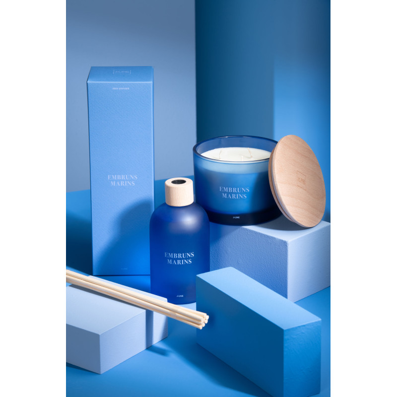 Bougie Parfumée 3 mèches Mélange frais Embruns Marins 25 H Verre Bleu Cire Accords Essentiels 