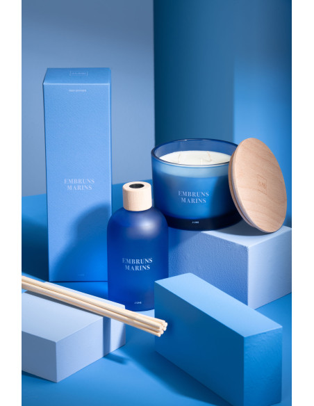 Bougie Parfumée 3 mèches Mélange frais Embruns Marins 25 H Verre Bleu Cire Accords Essentiels 