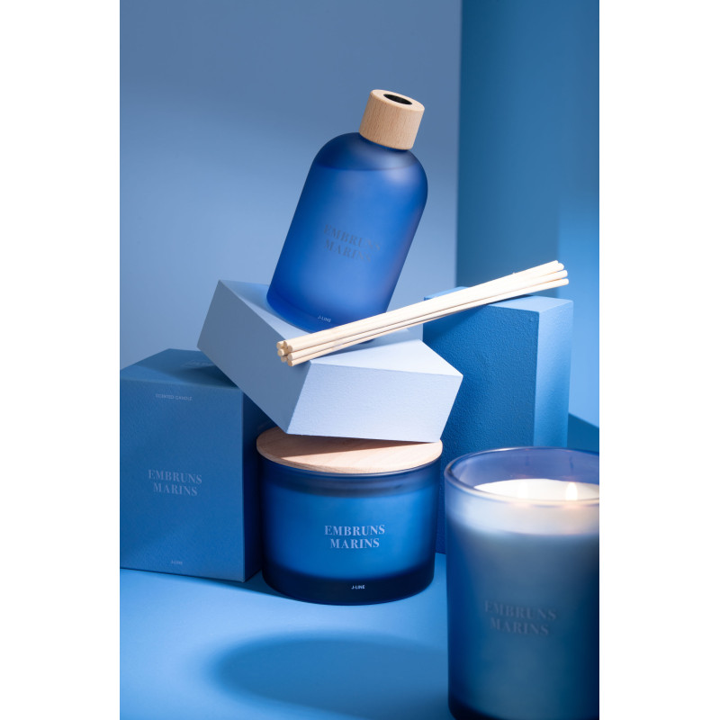Bougie Parfumée 3 mèches Mélange frais Embruns Marins 25 H Verre Bleu Cire Accords Essentiels 