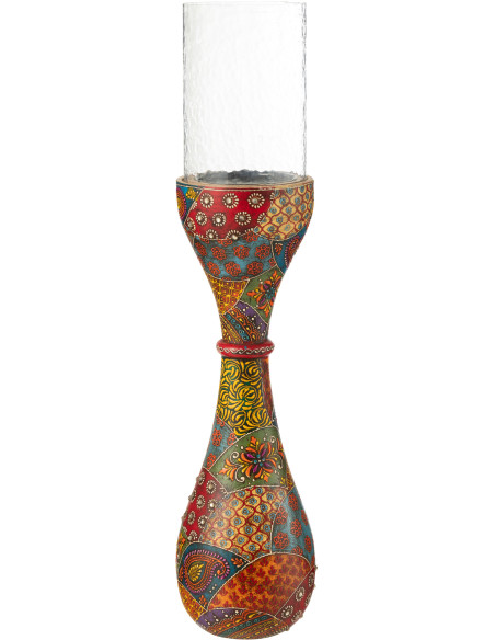 Bougeoir indien H 56 cm Bois de manguier Multicolore Verre Transparent Delhi 