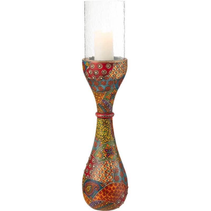 Bougeoir indien H 56 cm Bois de manguier Multicolore Verre Transparent Delhi 