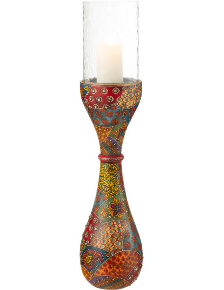 Bougeoir indien H 56 cm Bois de manguier Multicolore Verre Transparent Delhi 