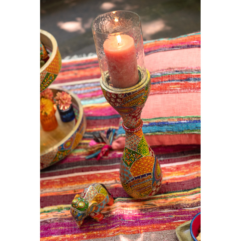 Bougeoir indien H 56 cm Bois de manguier Multicolore Verre Transparent Delhi 