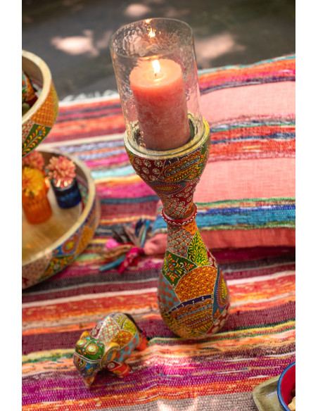 Bougeoir indien H 56 cm Bois de manguier Multicolore Verre Transparent Delhi 