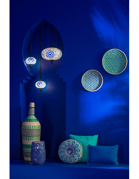 Grande Bougie style méditerrannéen extra longue durée Mélange floral Juniper Love 230 H Verre Bleu Mosaïque Cire Mia 