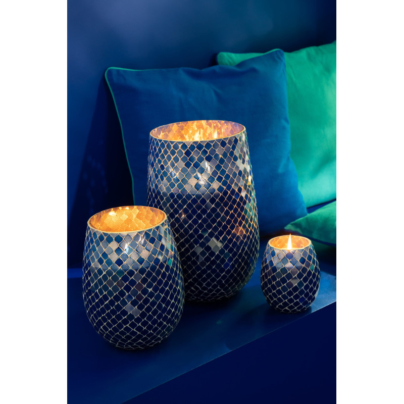 Grande Bougie style méditerrannéen extra longue durée Mélange floral Juniper Love 120 H Verre Bleu Mosaïque Cire Mia 