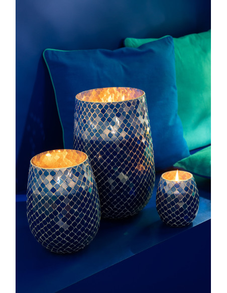 Grande Bougie style méditerrannéen extra longue durée Mélange floral Juniper Love 120 H Verre Bleu Mosaïque Cire Mia 