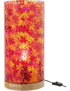 Lampe à poser bohème cylindrique H 45 cm Verre Rose Mosaïque Motif fleurs Bois Naturel Floressa 