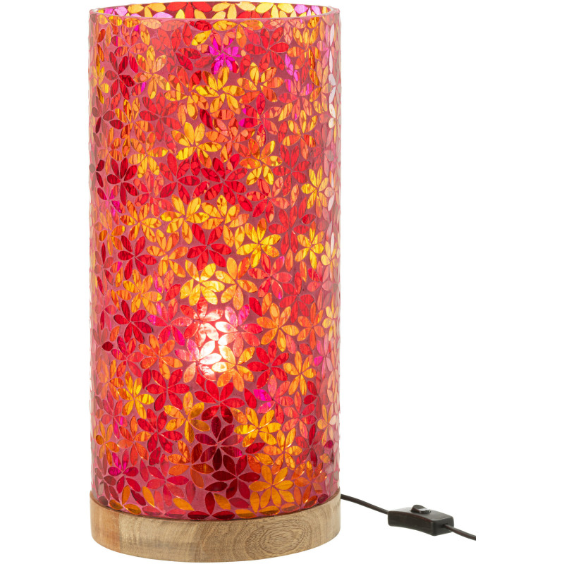 Lampe à poser bohème cylindrique H 45 cm Verre Rose Mosaïque Motif fleurs Bois Naturel Floressa 