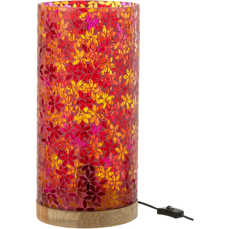 Lampe à poser bohème cylindrique H 45 cm Verre Rose Mosaïque Motif fleurs Bois Naturel Floressa 