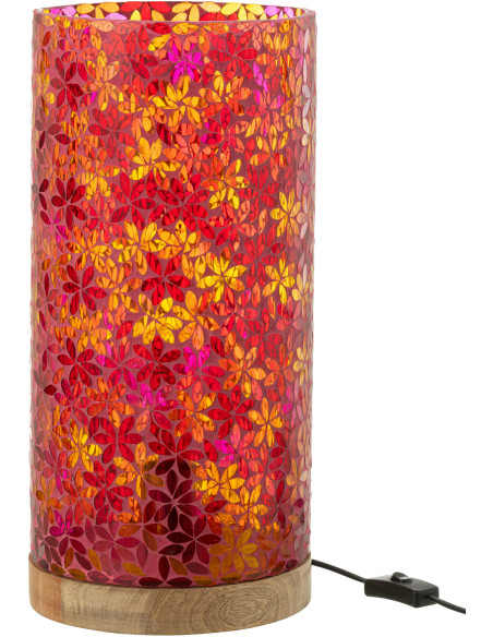 Lampe à poser bohème cylindrique H 45 cm Verre Rose Mosaïque Motif fleurs Bois Naturel Floressa 
