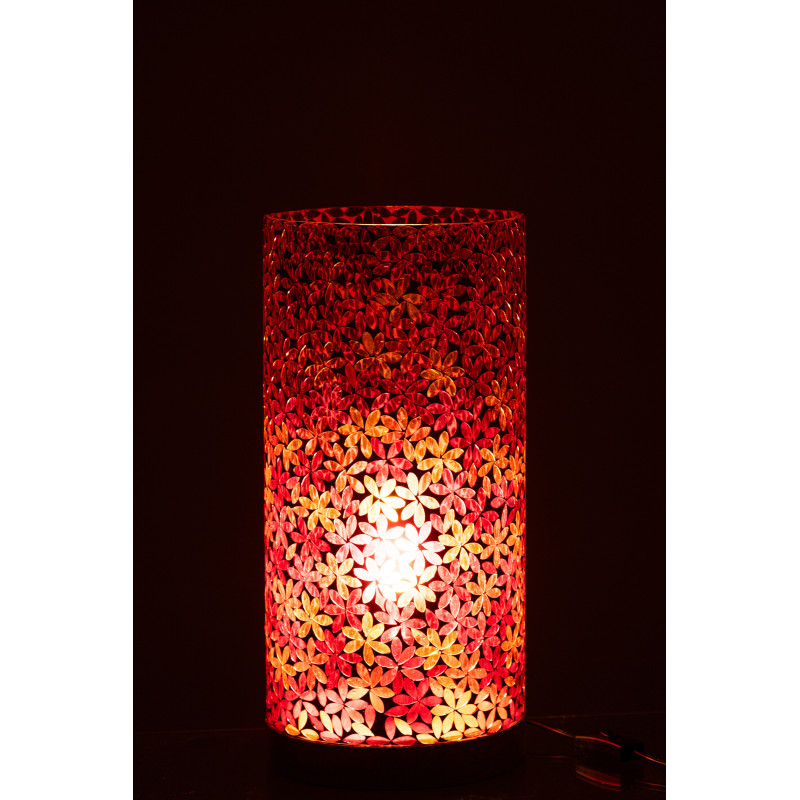 Lampe à poser bohème cylindrique H 45 cm Verre Rose Mosaïque Motif fleurs Bois Naturel Floressa 