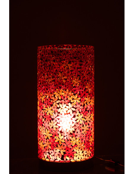 Lampe à poser bohème cylindrique H 45 cm Verre Rose Mosaïque Motif fleurs Bois Naturel Floressa 
