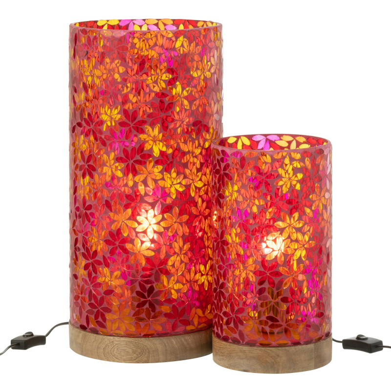 Lampe à poser bohème cylindrique H 45 cm Verre Rose Mosaïque Motif fleurs Bois Naturel Floressa 