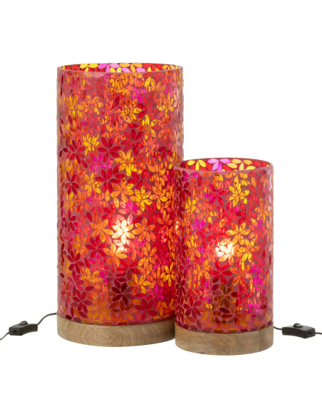 Lampe à poser bohème cylindrique H 45 cm Verre Rose Mosaïque Motif fleurs Bois Naturel Floressa 