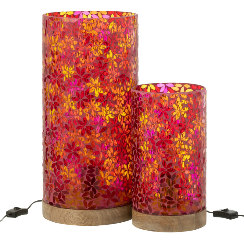Lampe à poser bohème cylindrique H 45 cm Verre Rose Mosaïque Motif fleurs Bois Naturel Floressa 