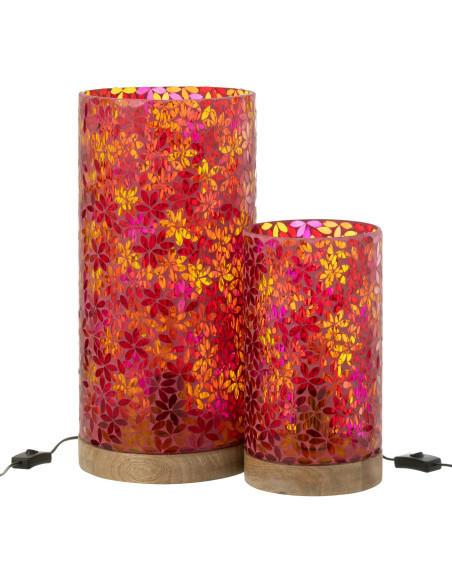 Lampe à poser bohème cylindrique H 45 cm Verre Rose Mosaïque Motif fleurs Bois Naturel Floressa 