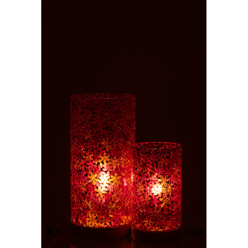 Lampe à poser bohème cylindrique H 45 cm Verre Rose Mosaïque Motif fleurs Bois Naturel Floressa 