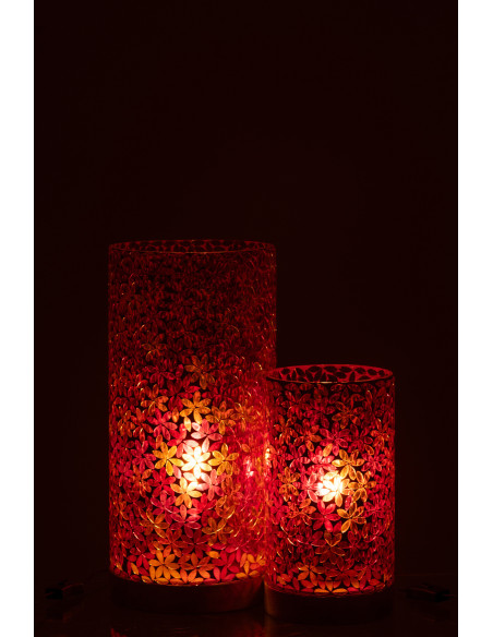 Lampe à poser bohème cylindrique H 45 cm Verre Rose Mosaïque Motif fleurs Bois Naturel Floressa 