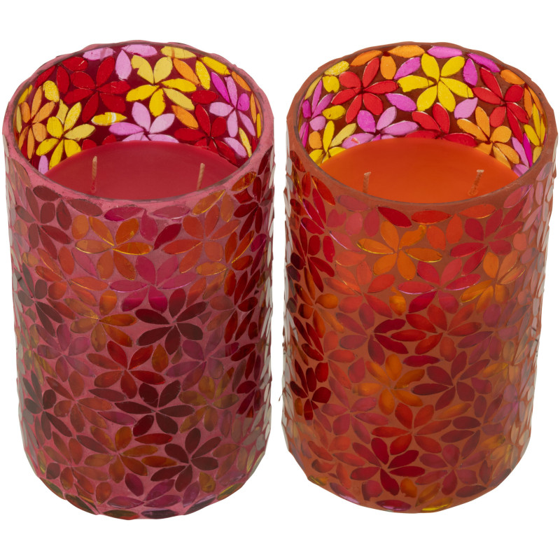 Lot de 2 Grandes Bougies parfumées extra longue durée Mélange floral Tender Rose 75 H Verre Rose Mosaïque Motif fleurs Cire Flor