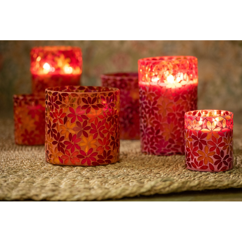 Lot de 2 Grandes Bougies parfumées extra longue durée Mélange floral Tender Rose 75 H Verre Rose Mosaïque Motif fleurs Cire Flor