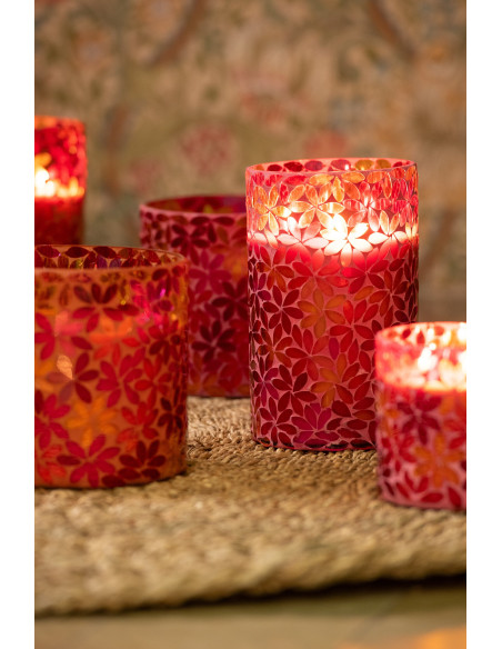 Lot de 2 Grandes Bougies parfumées extra longue durée Mélange floral Tender Rose 75 H Verre Rose Mosaïque Motif fleurs Cire Flor