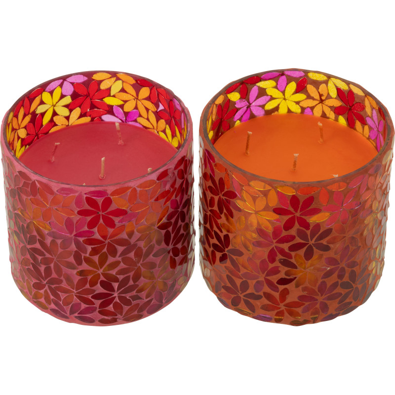 Lot de 2 Bougies parfumées longue durée Mélange floral Tender Rose 55 H Verre Rose Mosaïque Motif fleurs Cire Floressa 