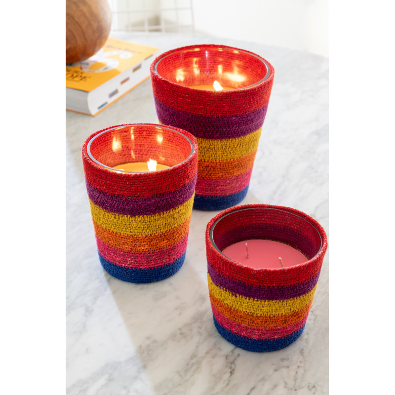 Bougie ethnique chic Mélange boisé Woody Aurora 55 H Rotin Multicolore Tressé Verre Cire Flamia 