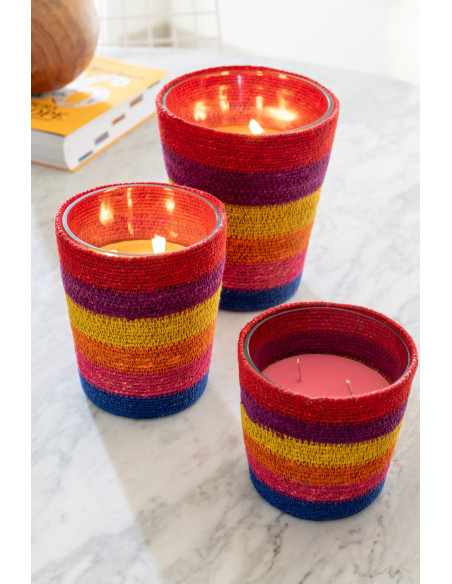 Bougie ethnique chic Mélange boisé Woody Aurora 45 H Rotin Multicolore Tressé Verre Cire Flamia 