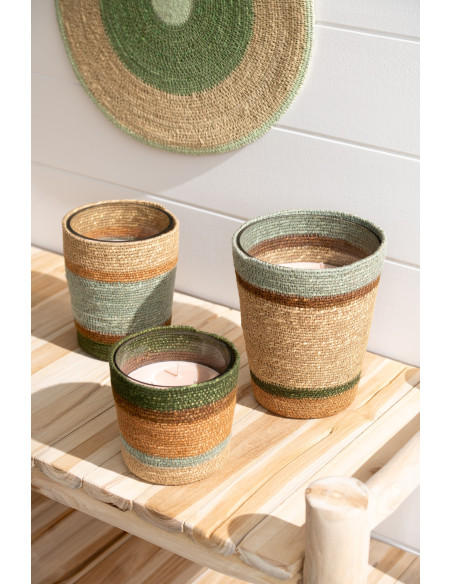 Bougie ethnique chic Mélange boisé Herbla Serenity 55 H Rotin Naturel Tressé Verre Cire Flamia 