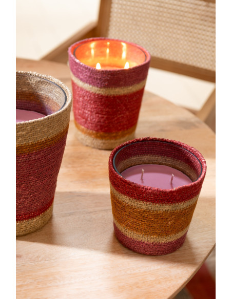 Bougie ethnique chic Mélange floral Tender Rose 55 H Rotin Rouge bordeaux Tressé Verre Cire Flamia 