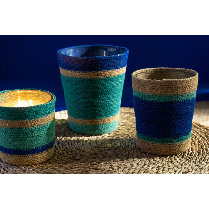 Grande Bougie ethnique chic Mélange frais Seaside Bliss 75 H Rotin Bleu azur Tressé Verre Cire Flamia 
