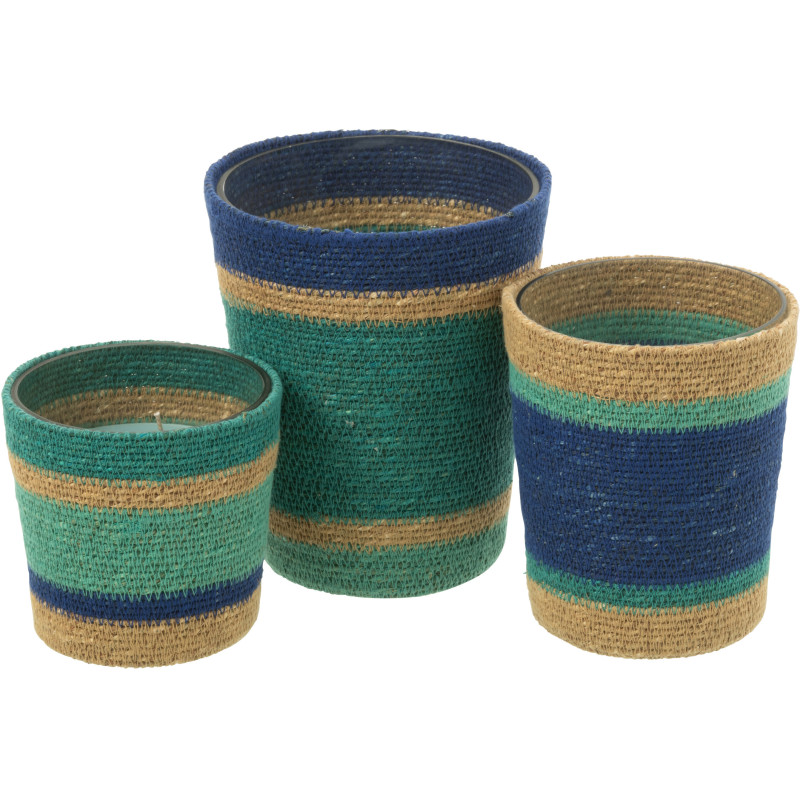 Grande Bougie ethnique chic Mélange frais Seaside Bliss 75 H Rotin Bleu azur Tressé Verre Cire Flamia 