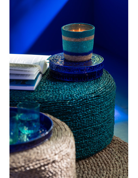 Grande Bougie ethnique chic Mélange frais Seaside Bliss 75 H Rotin Bleu azur Tressé Verre Cire Flamia 
