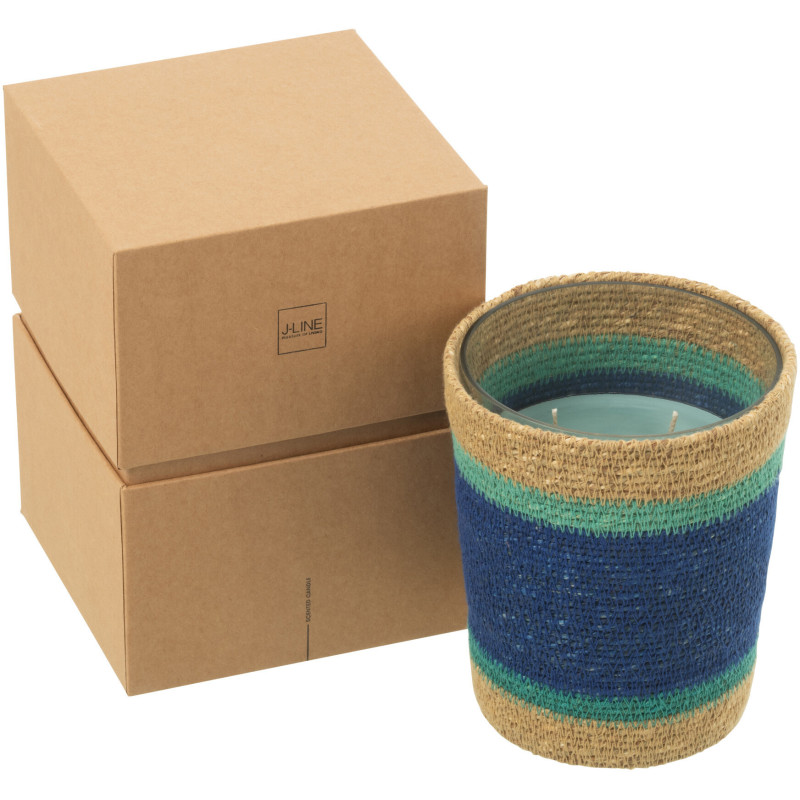 Bougie ethnique chic Mélange frais Seaside Bliss 55 H Rotin Bleu azur Tressé Verre Cire Flamia 