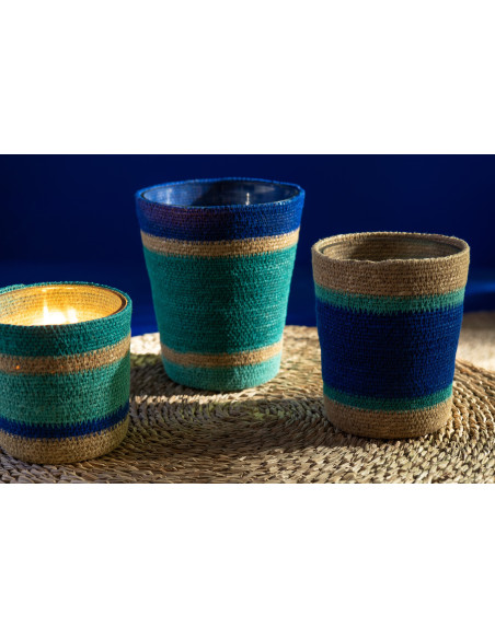 Bougie ethnique chic Mélange frais Seaside Bliss 55 H Rotin Bleu azur Tressé Verre Cire Flamia 